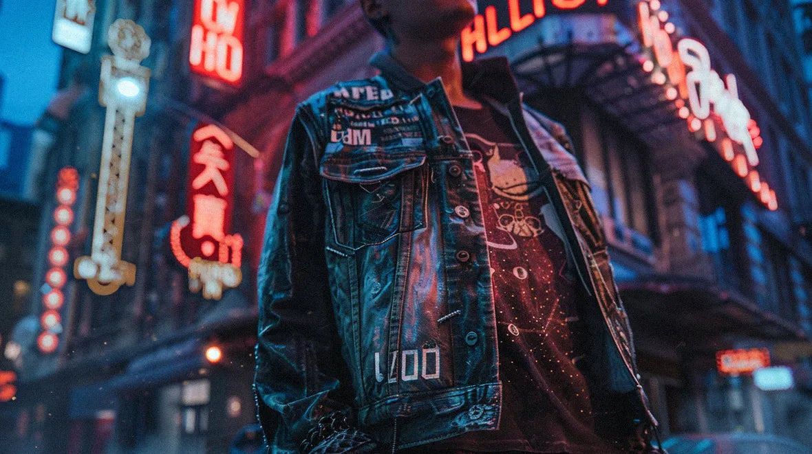 man wearing a cyberpunk old school jacket