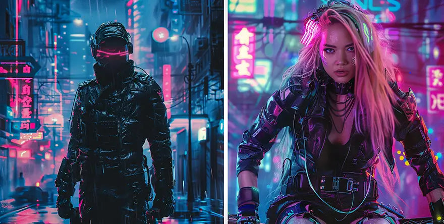 a man and a woman in cyberpunk outfit