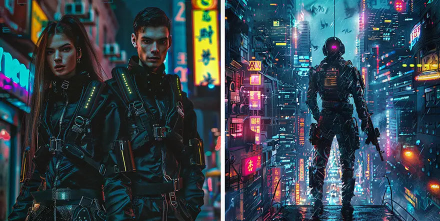 a man and a woman in cyberpunk outfit