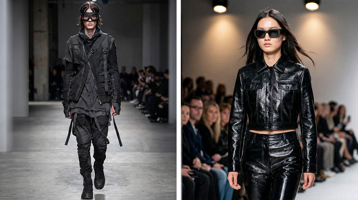 a man and woman in cyberpunk clothes during a runway
