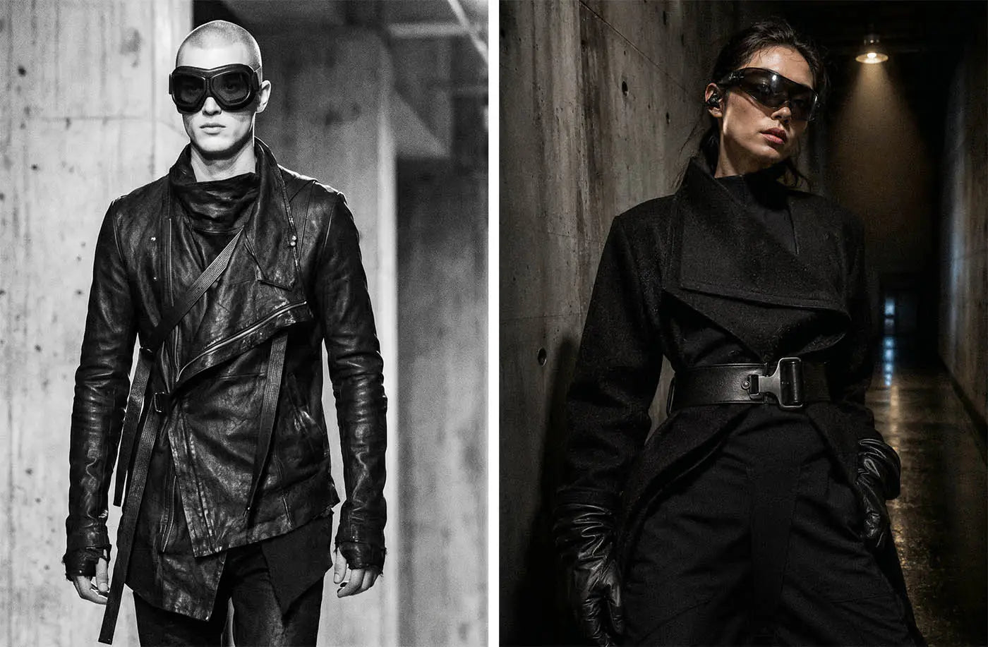 Darkwear cyberpunk fashion models wearing futuristic black leather coats, tactical outerwear, and oversized visor goggles in a brutalist dystopian urban setting.