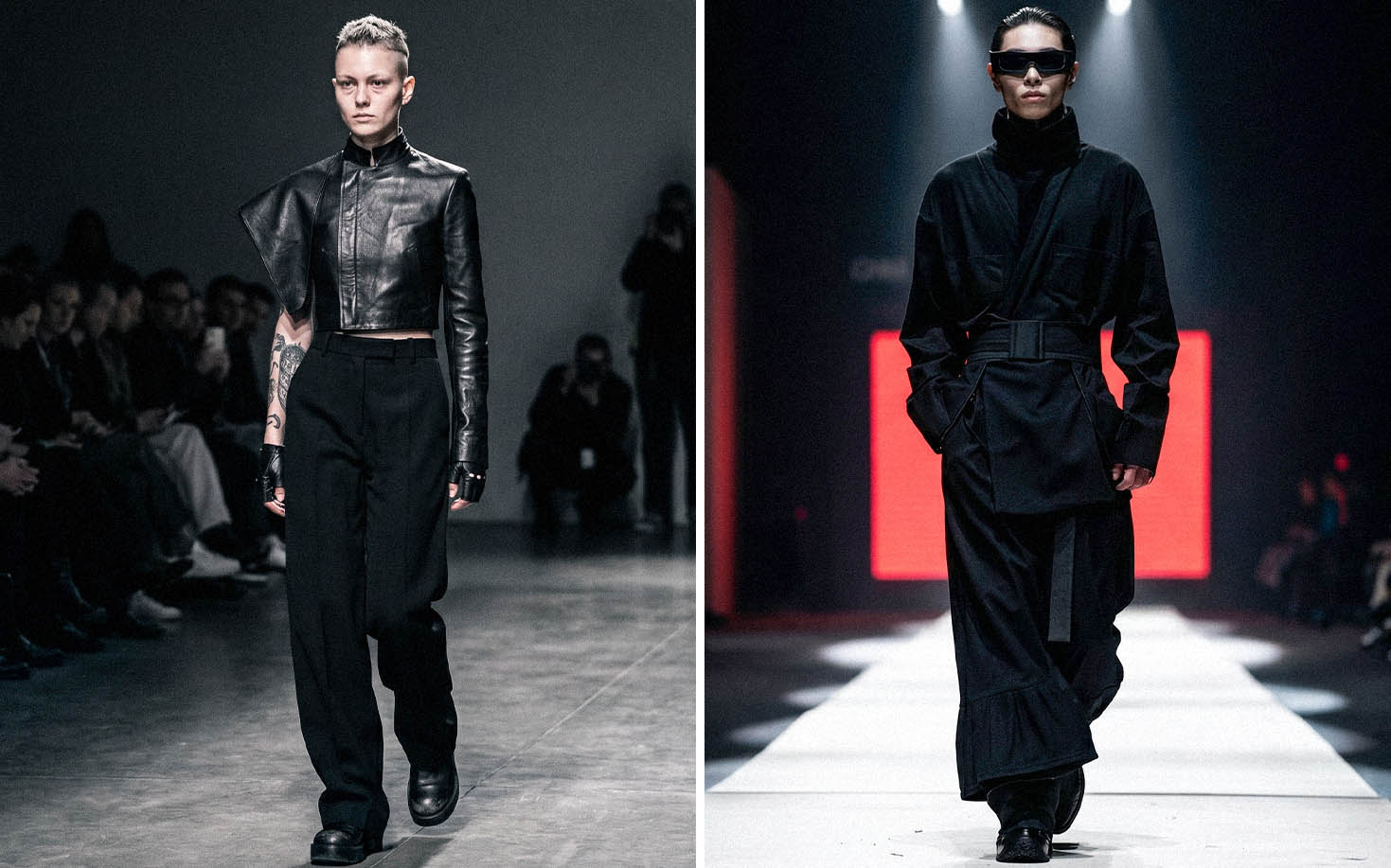 Runway models showcasing avant-garde cyberpunk techwear on a dark stage.
