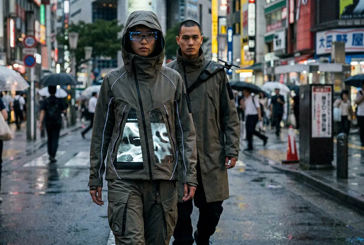 Cyberpunk techwear fashion models walking through a rainy futuristic Tokyo street wearing tactical urban clothing with high-tech utility jackets and cargo pants.