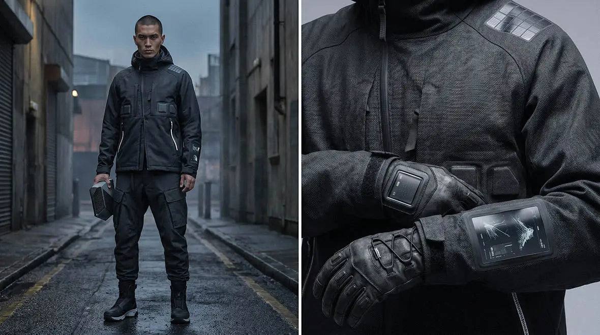 Cyberpunk techwear model standing in a dark urban alley wearing futuristic tactical clothing with biometric smartwear, armored utility jacket, digital interface sleeves, and black cargo streetwear.