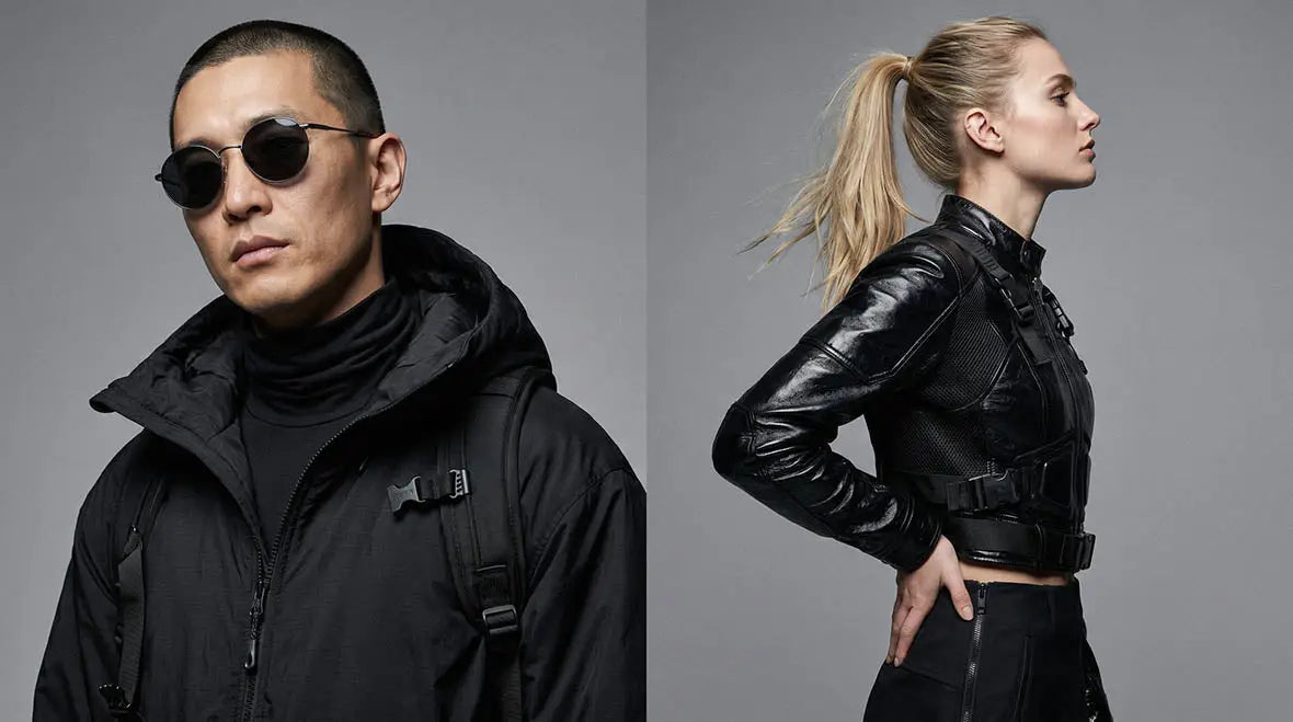 a man and a woman in cyberpunk outfit