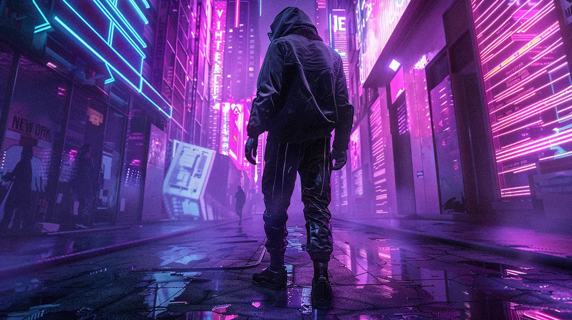 man in cyberpunk outfit with neons