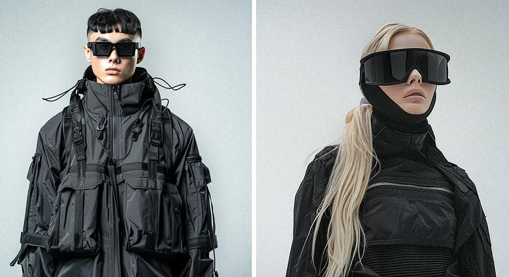 a man and a woman in cyberpunk outfit