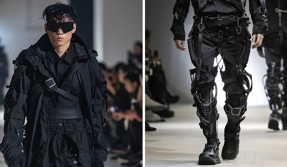 blend of techwear and cyberpunk styles