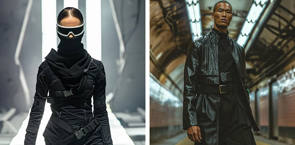 a woman and a man in cyberpunk outfit