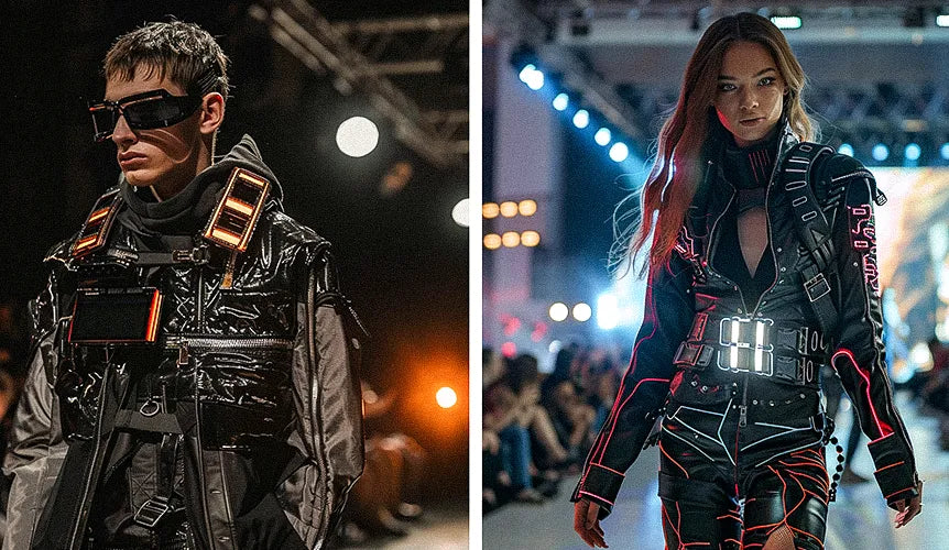 a man and a woman in cyberpunk outfit