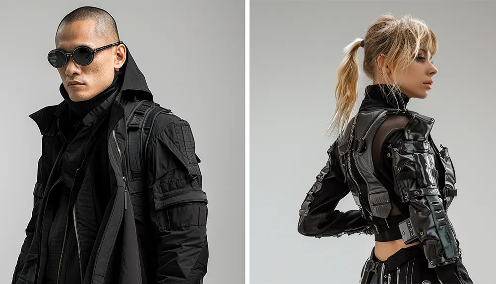 a man and a woman in cyberpunk outfit