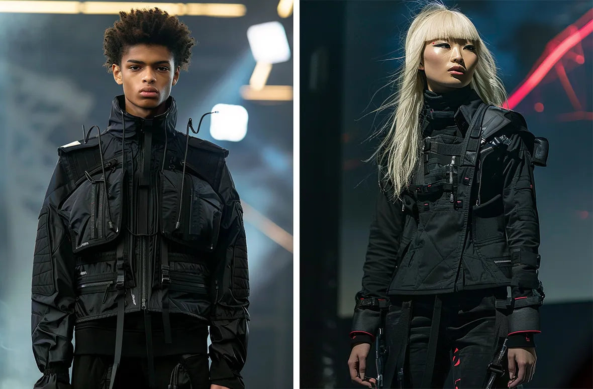 A model with futuristic headgear in a tactical black jacket, alongside a female model in a high-tech black outfit in an urban night setting.