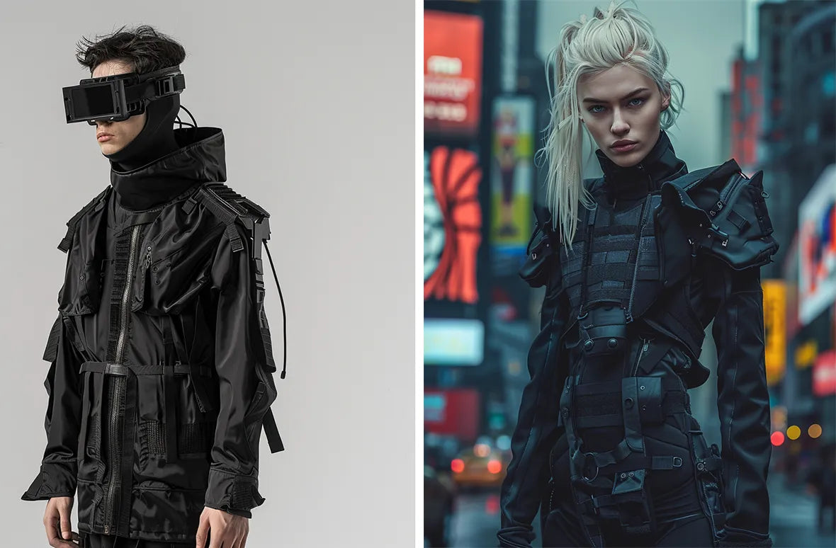 A young male and female model both wearing tactical-inspired black cyberpunk jackets, showcasing a futuristic street style.