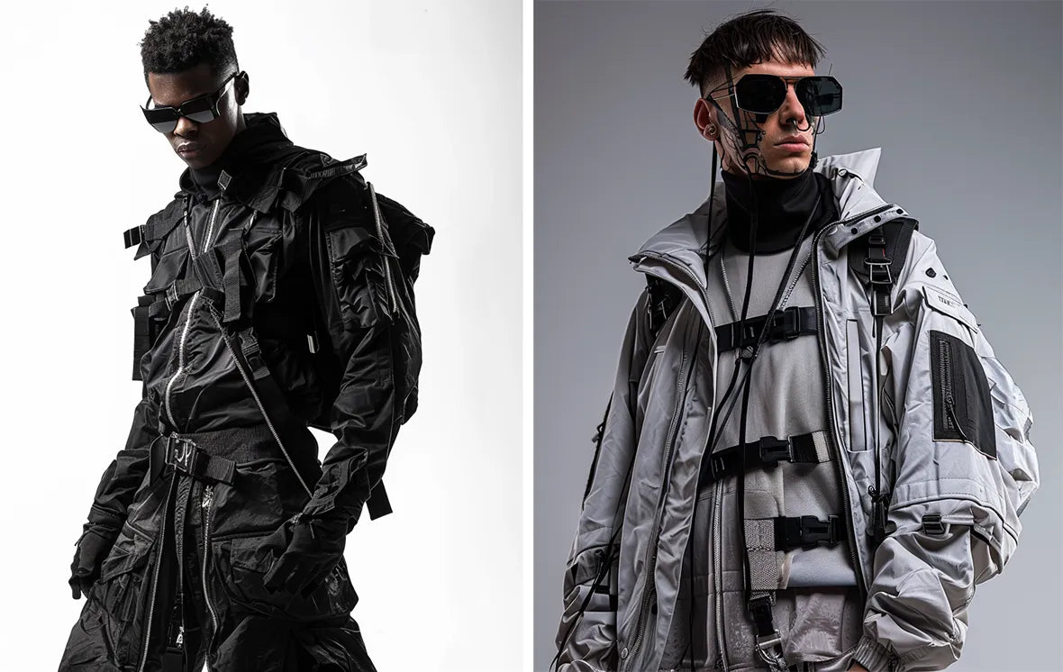 Two models in tactical black techwear, one posed against a white background and the other in a grey and black jacket with tactical straps.