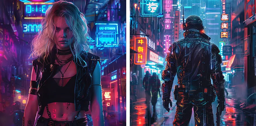 a woman and a man in cyberpunk outfit