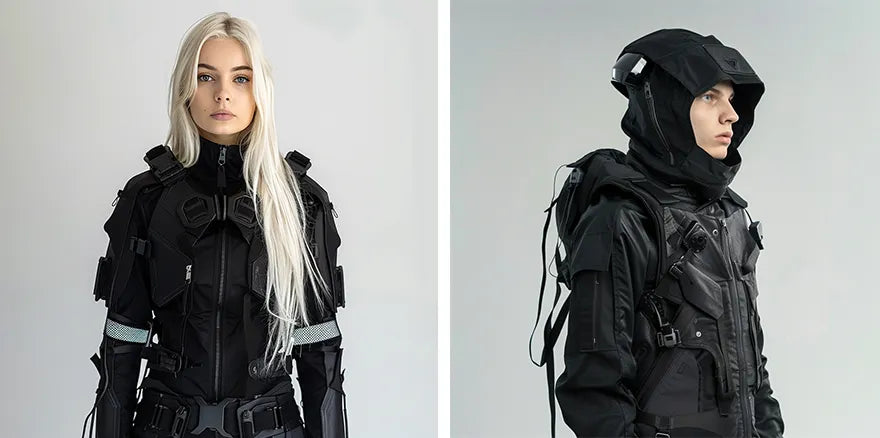 a woman and a man in cyberpunk outfit