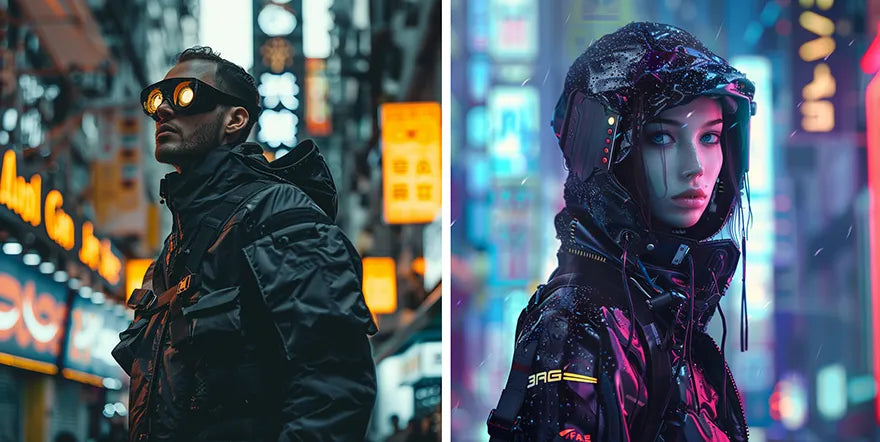 a man and a woman in cyberpunk outfit