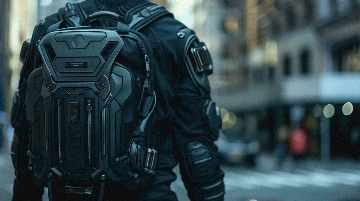 man wearing cyberpunk backpack