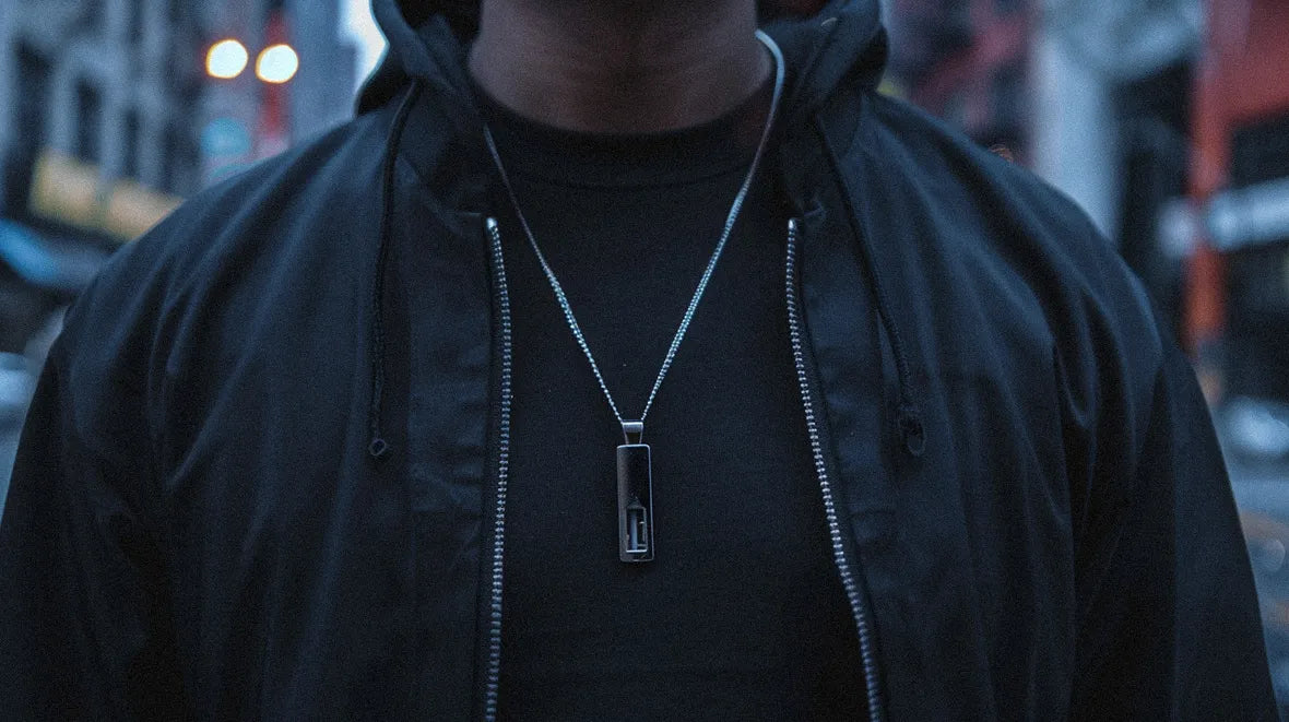 man wearing futuristic usb storage