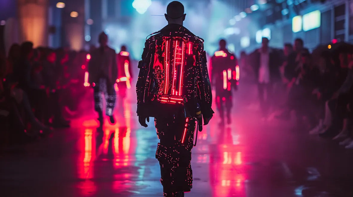 man in cyberpunk outfit for a runway