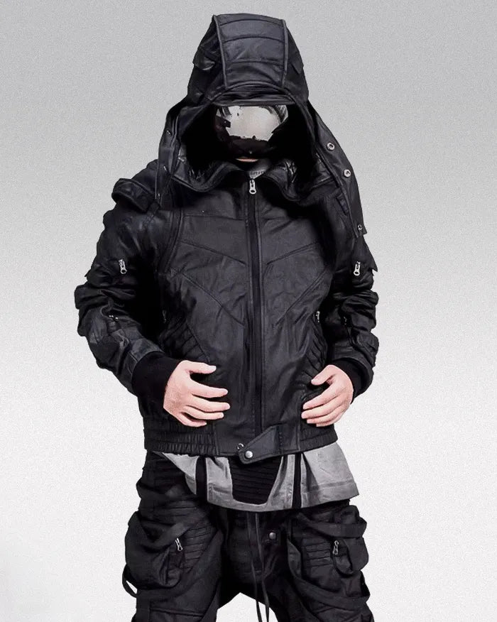 man wearing the Cyberpunk Waxed jacket "Chiura"