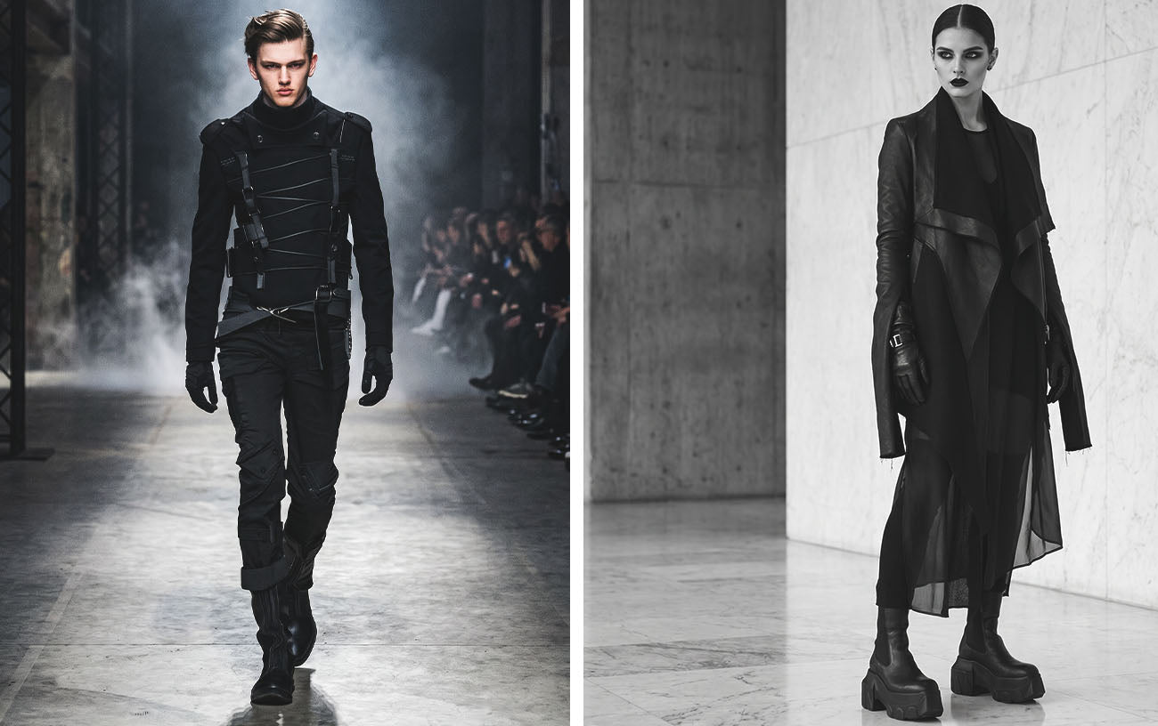 a man and a woman in darkwear clothing