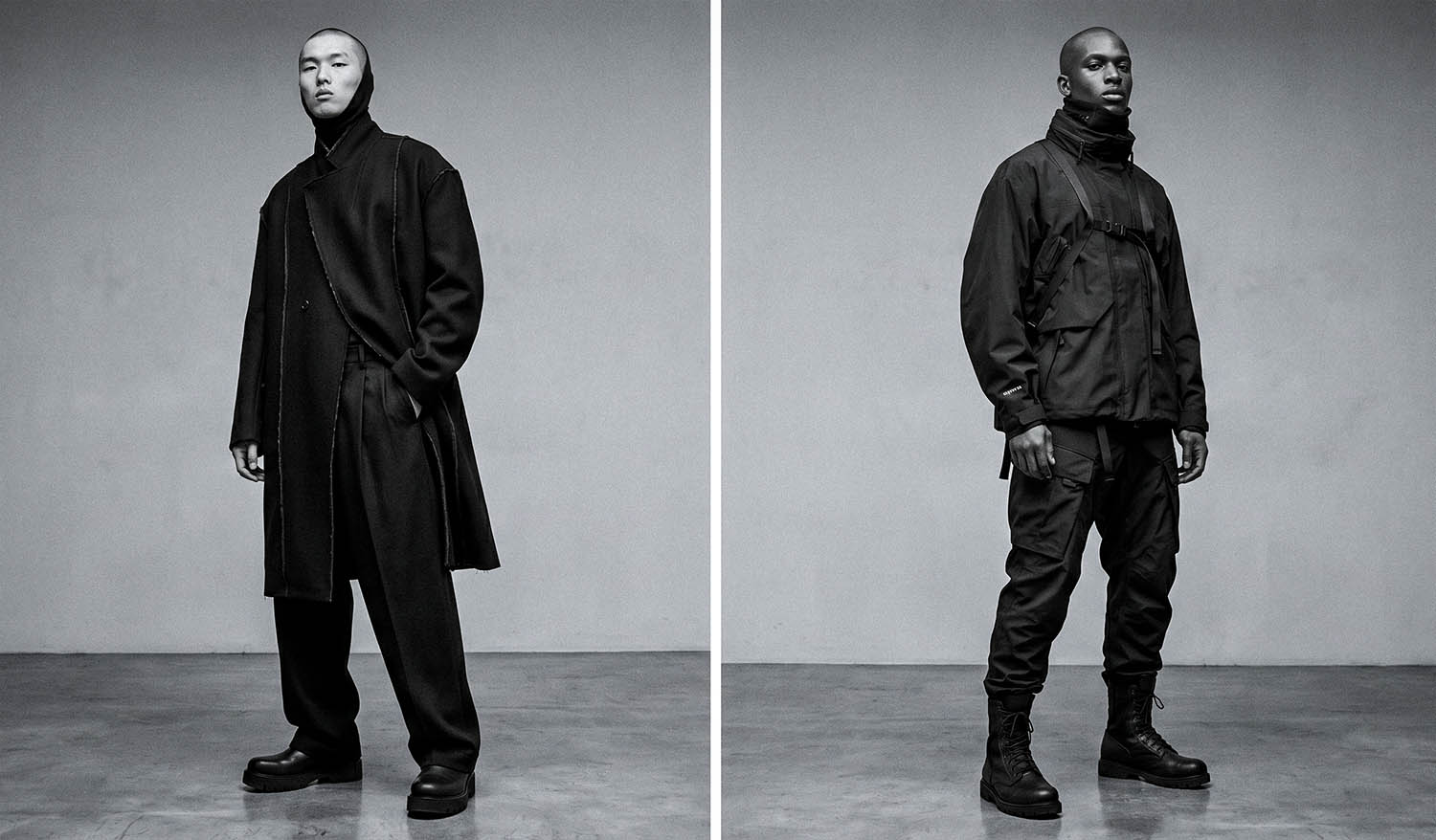 an asian man in darkwear outfit and a blanc man wearing techwear clothes