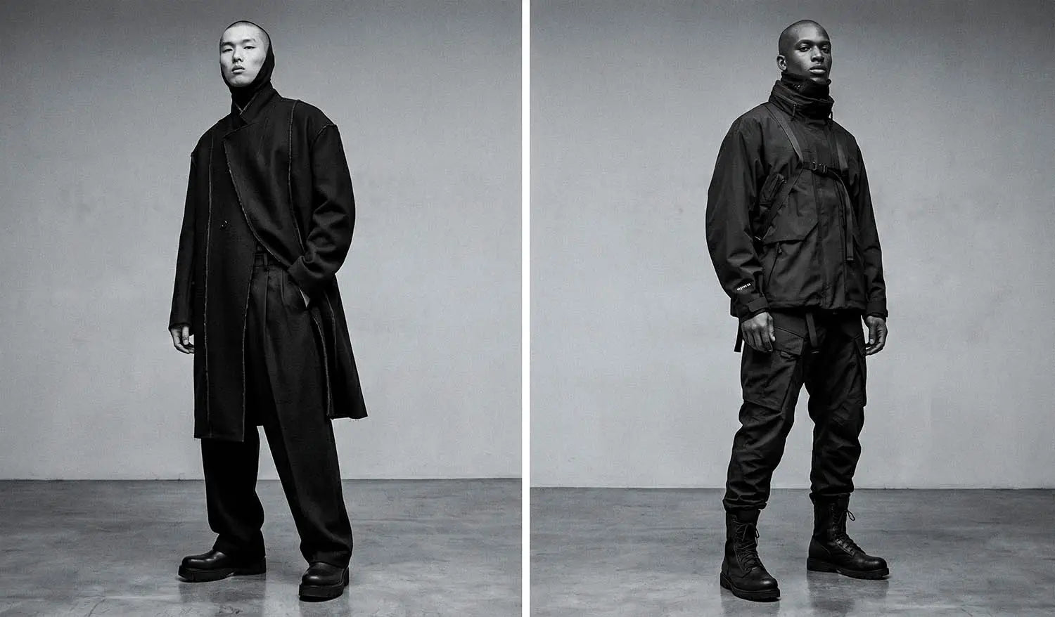 an asian man in darkwear outfit and a blanc man wearing techwear clothes