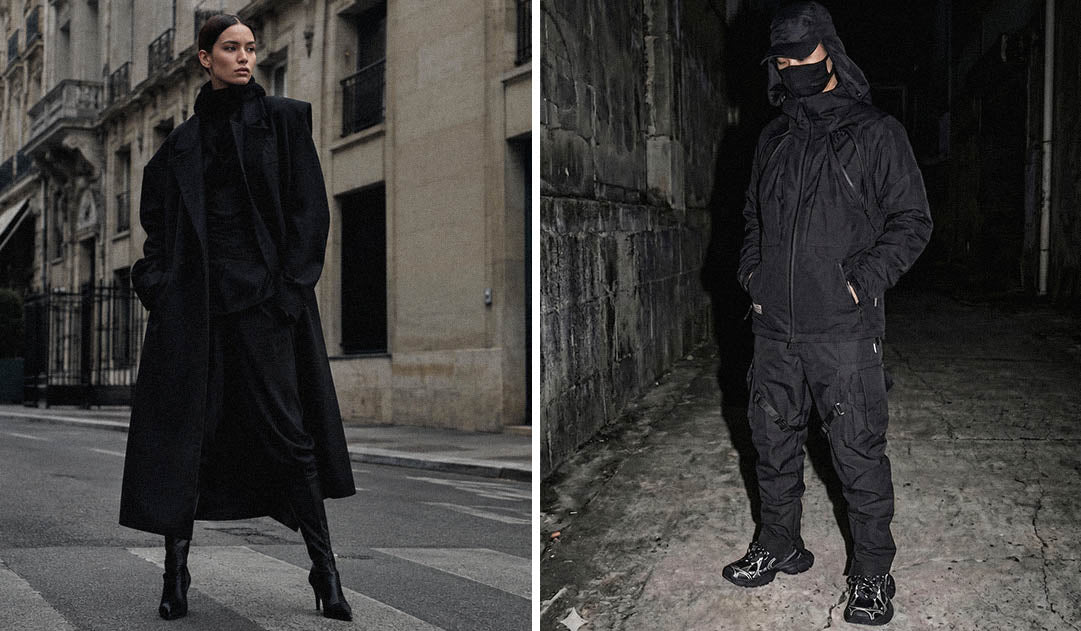 a woman in darkwear style and a man in techwear style