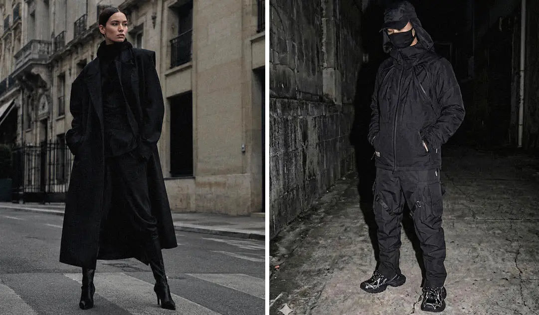 a woman in darkwear style and a man in techwear style