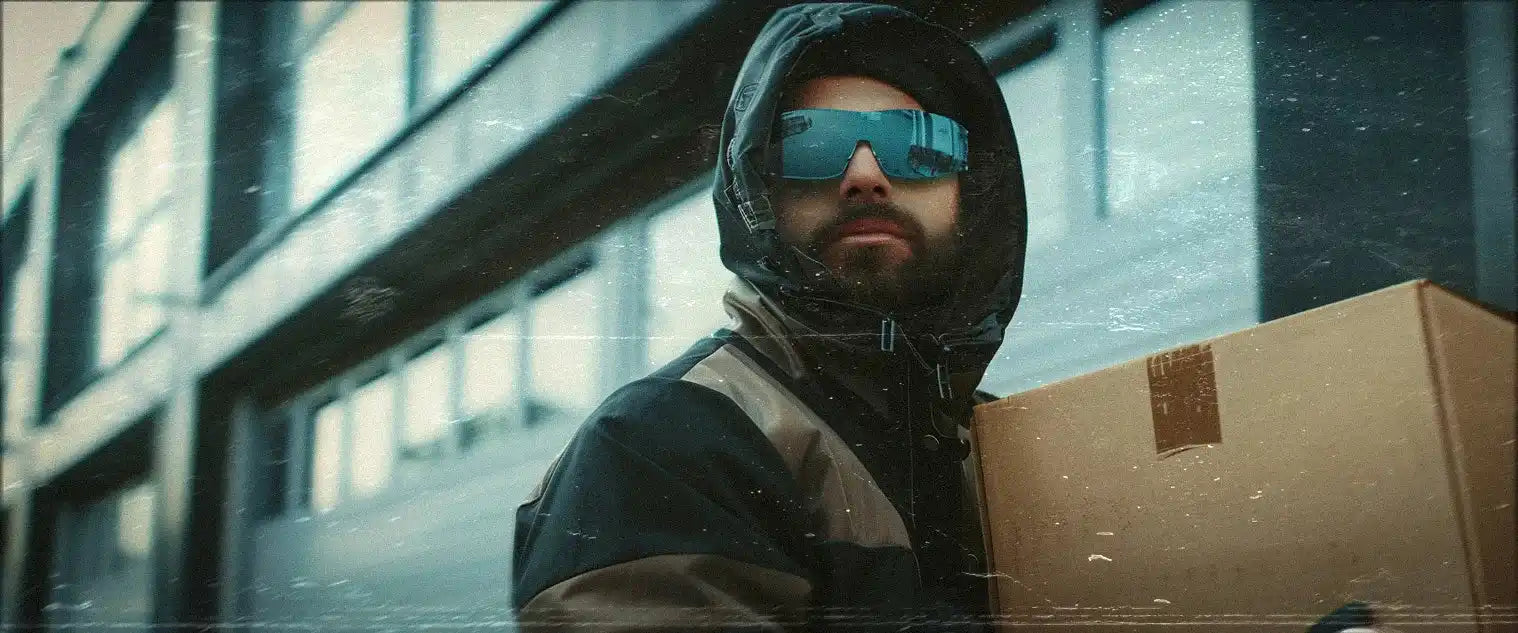 Delivery worker wearing winter gear and sunglasses while holding a cardboard package.