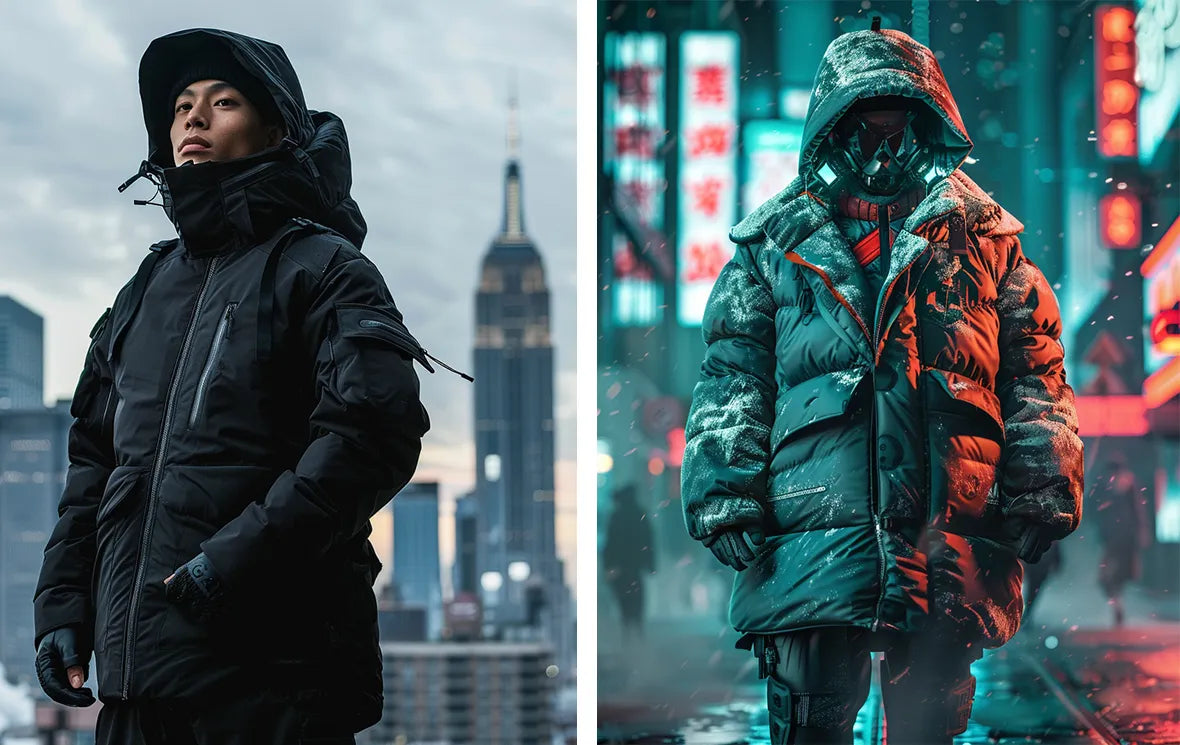 A man in a tactical black jacket with the Empire State Building behind and a cyberpunk figure in a heavy jacket in a neon-lit city.