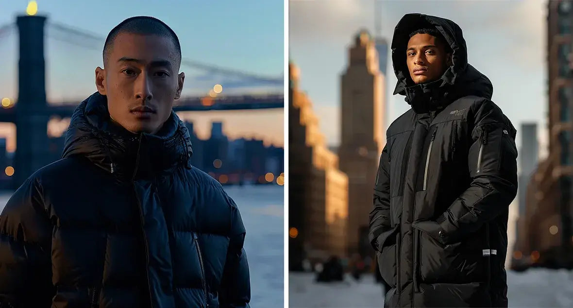 Two men wearing black puffer jackets in an urban setting, one near a bridge at sunset, the other with city buildings behind.