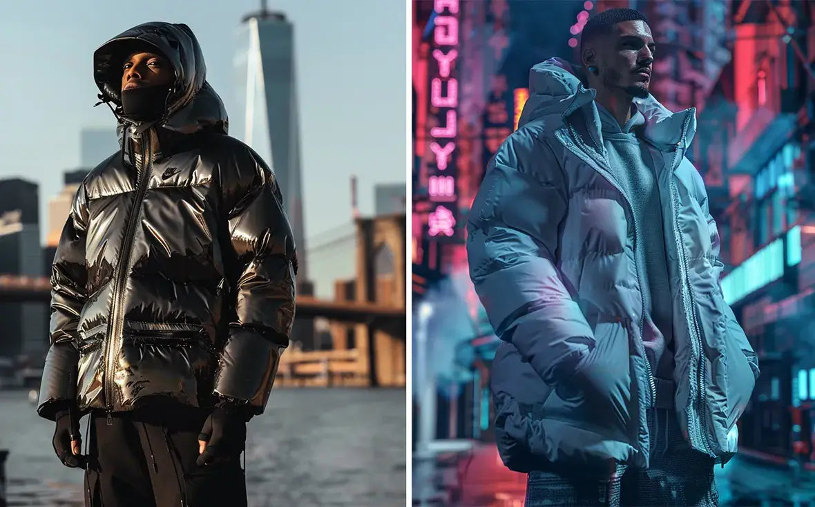 A man in a reflective black puffer jacket near a city skyline and another in a silver puffer jacket in a neon-lit city street.