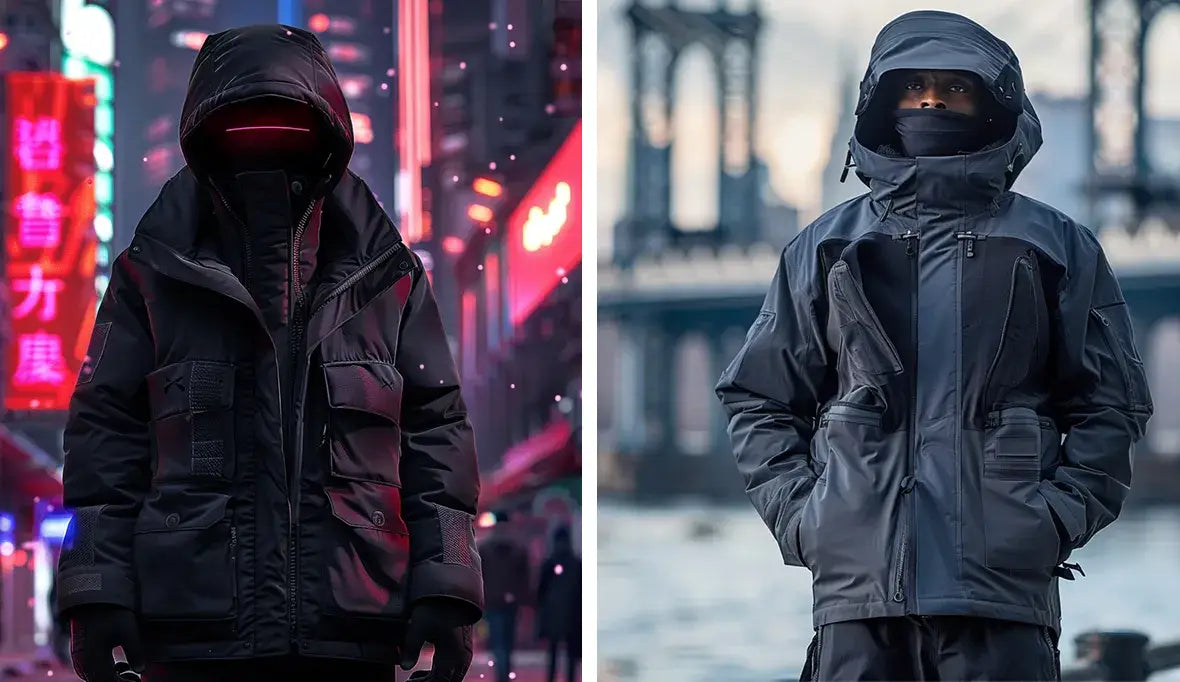 A man in a futuristic black jacket on a neon-lit street and another in a black techwear jacket near an urban bridge.