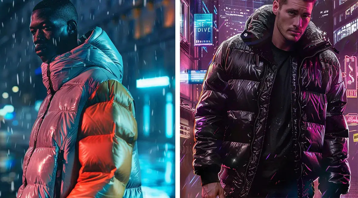 Two men wearing silver and black puffer jackets, one in a rainy neon street and the other with neon city lights.