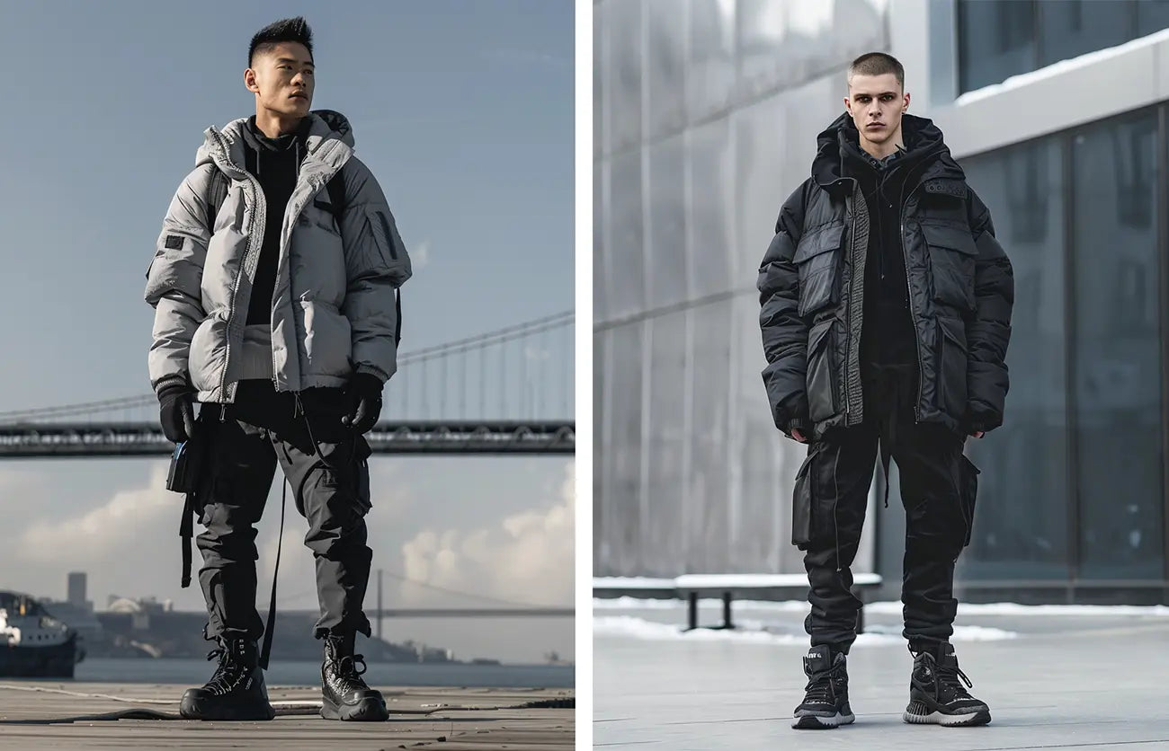 2 Models wearing a techwear down jacket with multiple pockets and a high collar, showcasing a modern urban look.