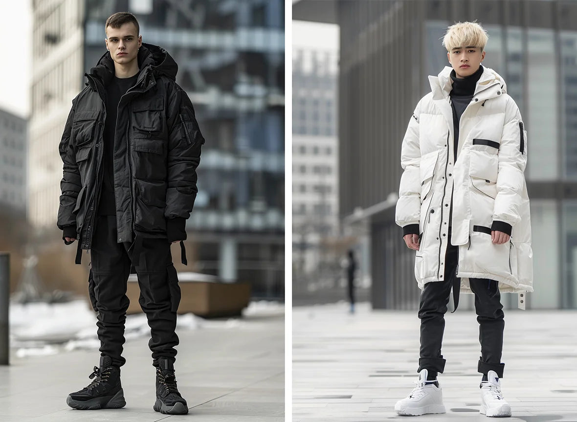 Two models in contrasting techwear down jackets, one in a white jacket and the other in a black jacket, highlighting the stylish and functional design of techwear outerwear.