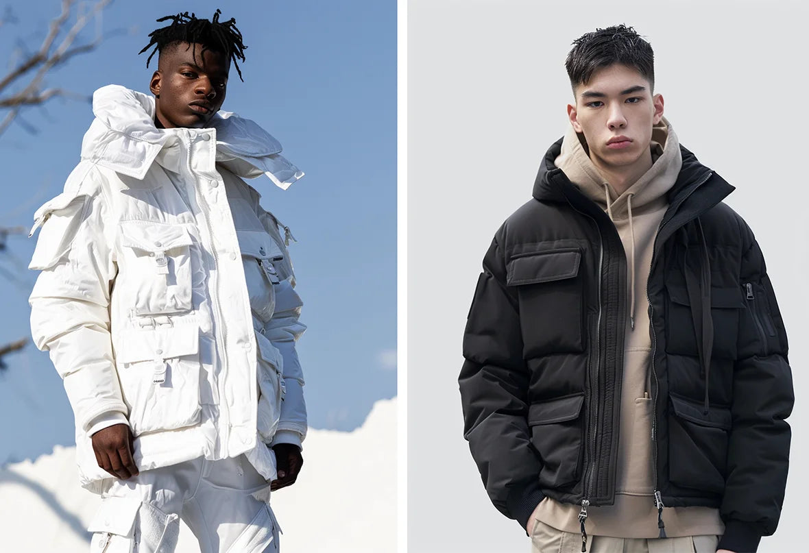 Model in a white techwear down jacket with a hood, standing on a rooftop, paired with matching white cargo pants, representing a sleek techwear style