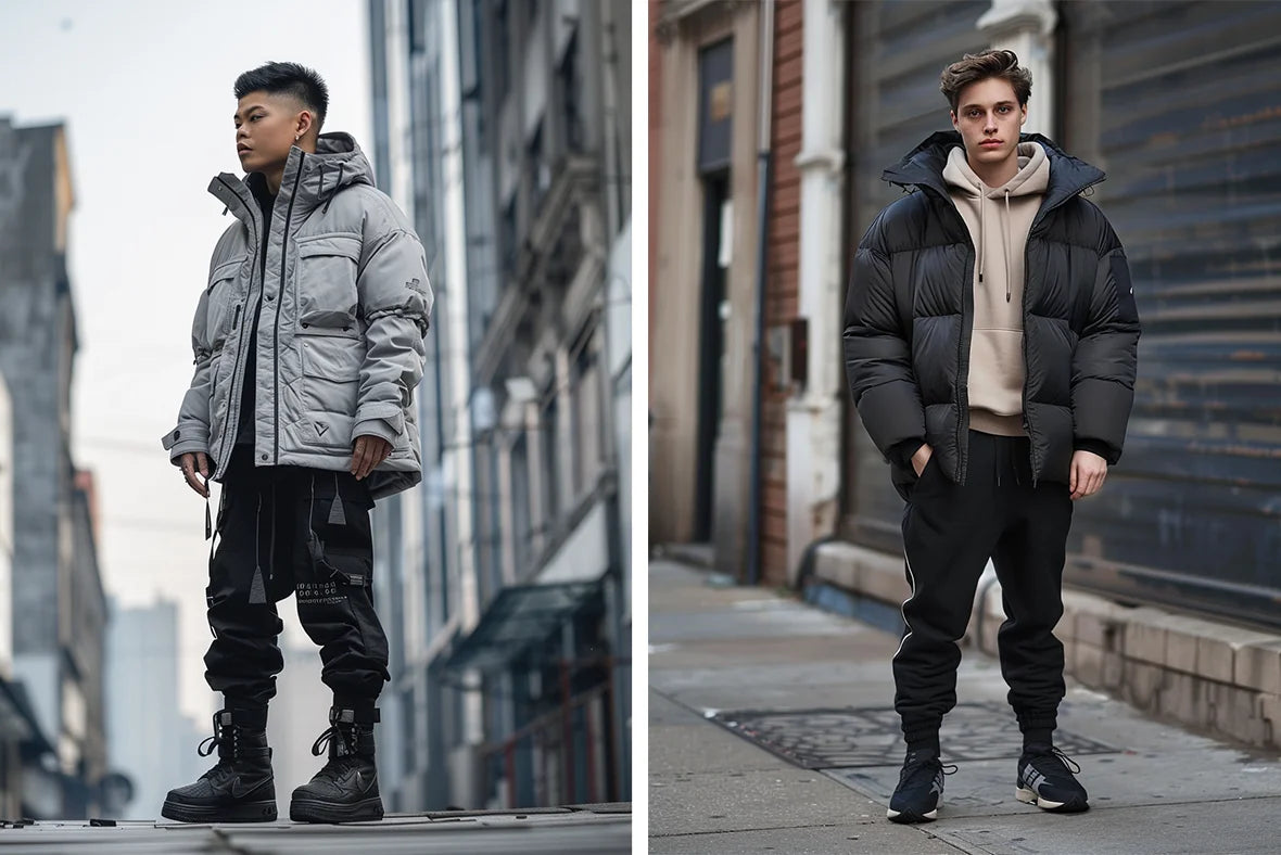 Two models in techwear down jackets, one in a grey jacket and the other in a black jacket, emphasizing the versatility and contemporary design of techwear fashion.