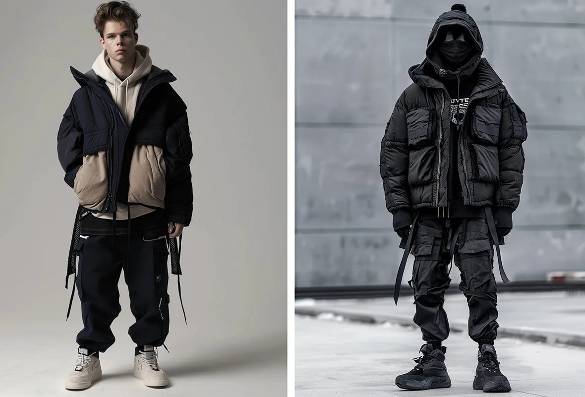 Model in a beige and black techwear down jacket, paired with cargo pants, showcasing a unique and functional techwear outfit.