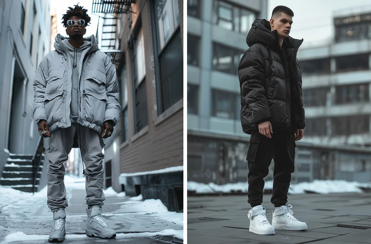 Two models in techwear down jackets, one in a white jacket and the other in a black jacket, illustrating the contrast and modern design of techwear outerwear