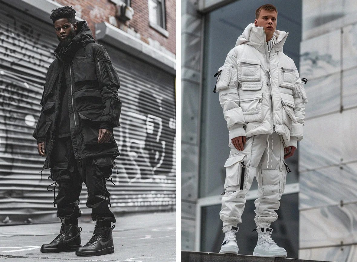 Model in a black techwear down jacket with a hood, paired with black cargo pants and boots, representing the tactical and sleek design of techwear fashion