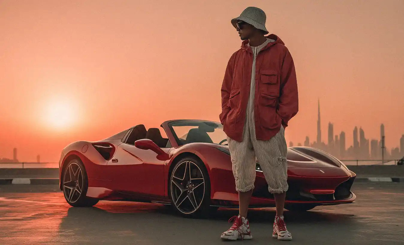 a man in front of a ferrari in Dubai