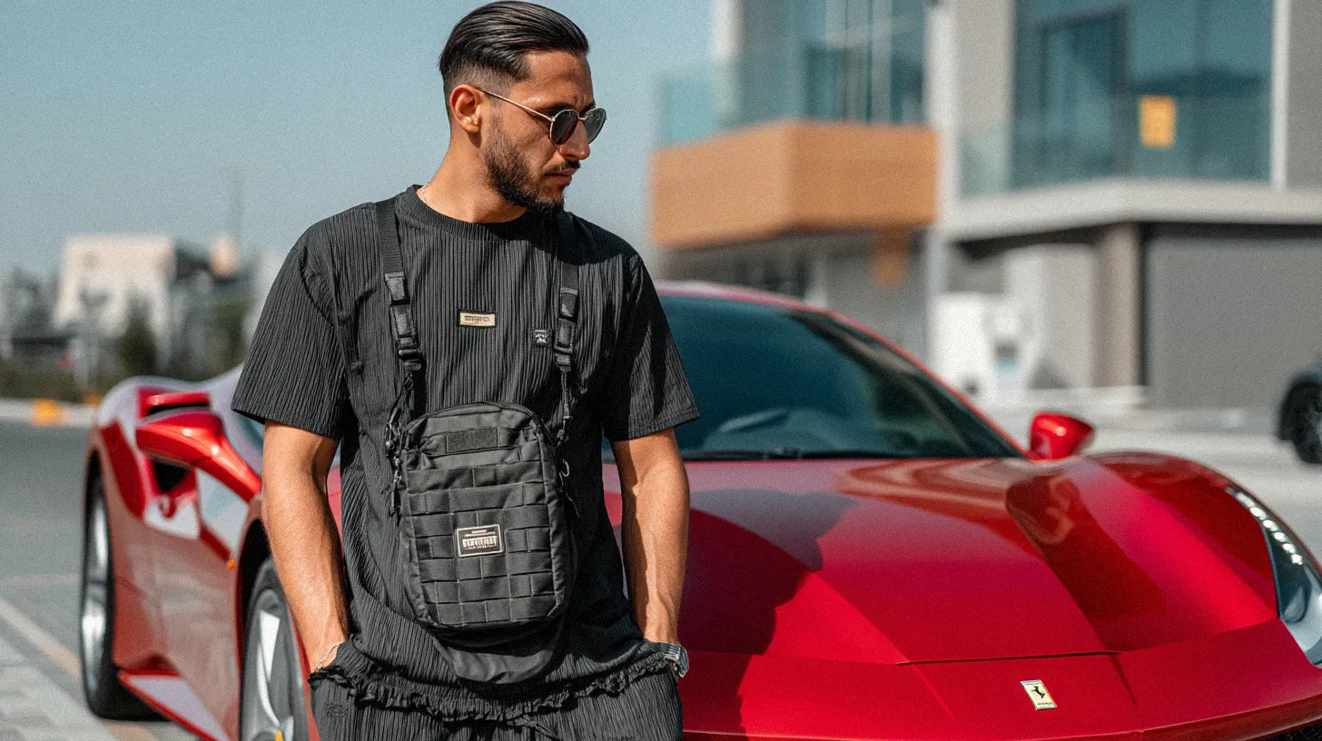 a man in techwear outfit in front of a ferrari