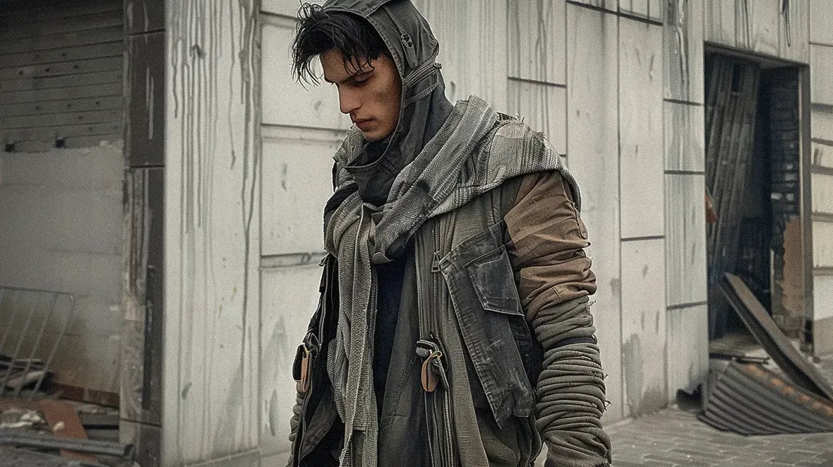 A man dressed in dystopian clothes, standing in a grim, industrial setting.