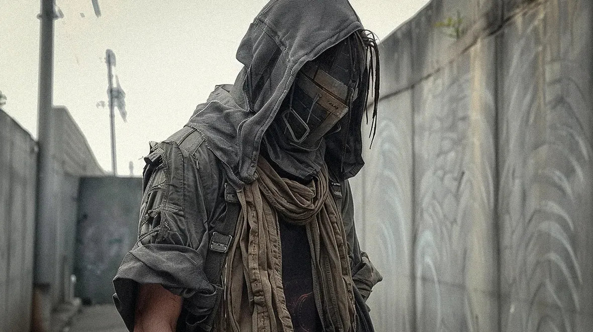 Dystopian clothes featuring a rugged, torn jacket and hood.