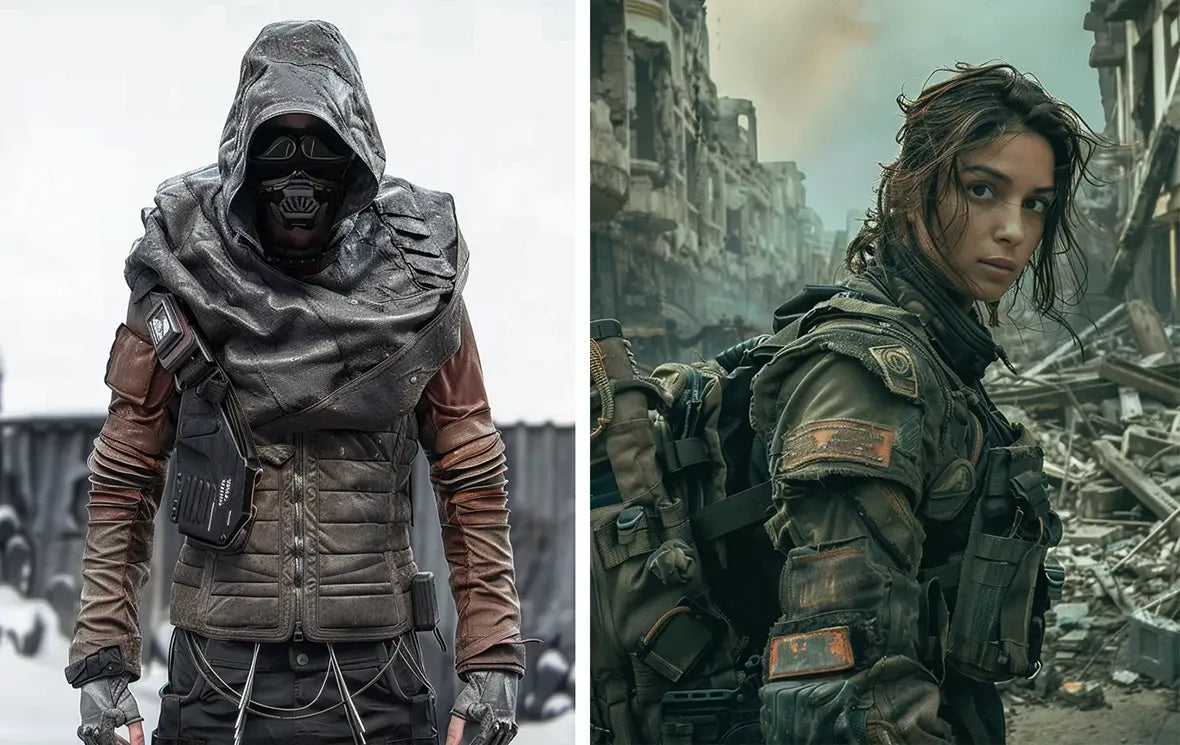 two urban survivors in dystopian clothes, showcasing protective gear and a mask.