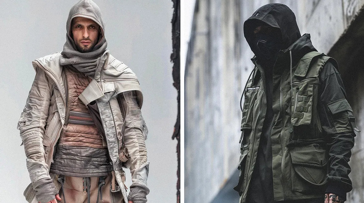 two men in dystopian clothes look with layered, worn-out gear and a hood.