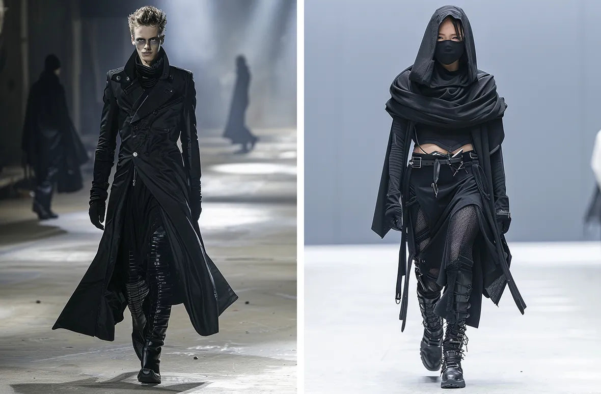 a man and a woman in dystopian clothes during a runway